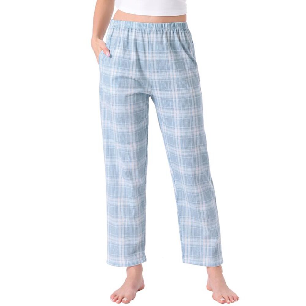 Womens Cotton Plaid Elastic Waist Pajama Bottoms with Pocket Blue Plaid